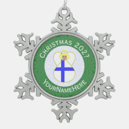 Finse engel kerstvlag gepersonaliseerd tin sneeuwvlok ornament