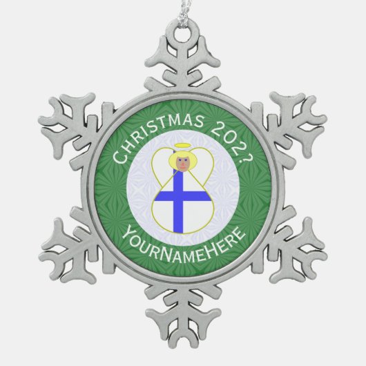 Finse engel kerstvlag gepersonaliseerd tin sneeuwvlok ornament (Voorkant)