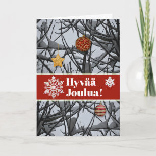Finse Kerstversiering op Besneeuwde Takken Feestdagen Kaart