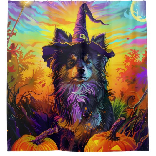 Finse langhond Halloween heks en pompoen Douchegordijn (Voorkant)