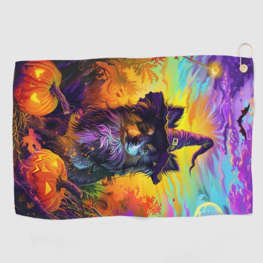 Finse langhond Halloween heks en pompoen Golfhanddoek (Horizontaal)