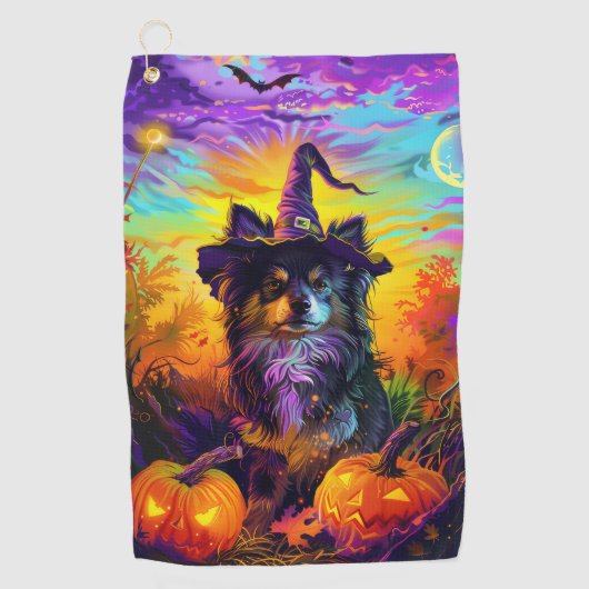 Finse langhond Halloween heks en pompoen Golfhanddoek (Voorkant)