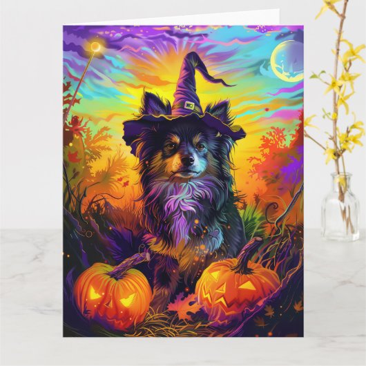 Finse langhond Halloween heks en pompoen Kaart (Gele Bloem)