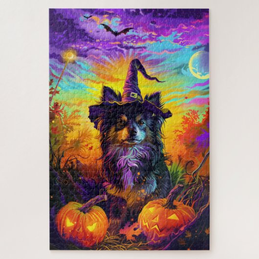 Finse langhond Halloween heks en pompoen Legpuzzel (Verticaal)