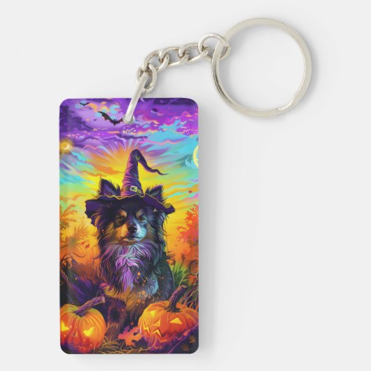 Finse langhond Halloween heks en pompoen Sleutelhanger (achterkant)