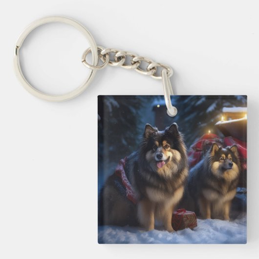 Finse Lapphond Besneeuwde slee Kerstversiering Sleutelhanger (Voorkant)