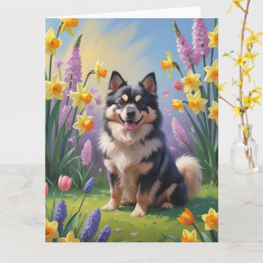 Finse Lapphond Honden Lente Bloemen Schilderij Kaart (Gele Bloem)
