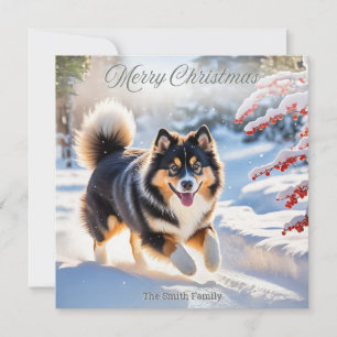 Finse Lapphond in de sneeuw stijlvolle afbeelding Feestdagenkaart