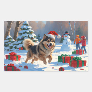 Finse Lapphond loopt door sneeuw met Kerstmuts Rechthoekige Sticker