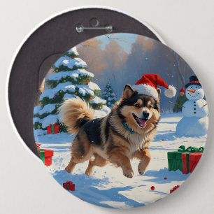 Finse Lapphond loopt door sneeuw met Kerstmuts Ronde Button 6,0 Cm