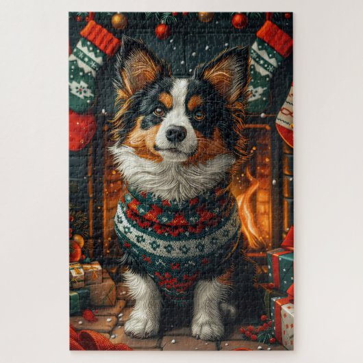 Finse Lapphond met kerstcadeau open haard Legpuzzel (Verticaal)