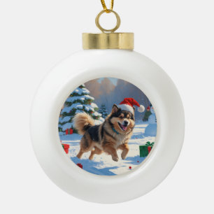 Finse Lapphond Rent Sneeuw met Kerstmuts Keramische Bal Ornament