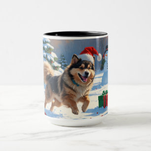 Finse Lapphond Rent Sneeuw met Kerstmuts Mok