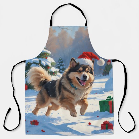 Finse Lapphond Rent Sneeuw met Kerstmuts Schort (Voorkant)