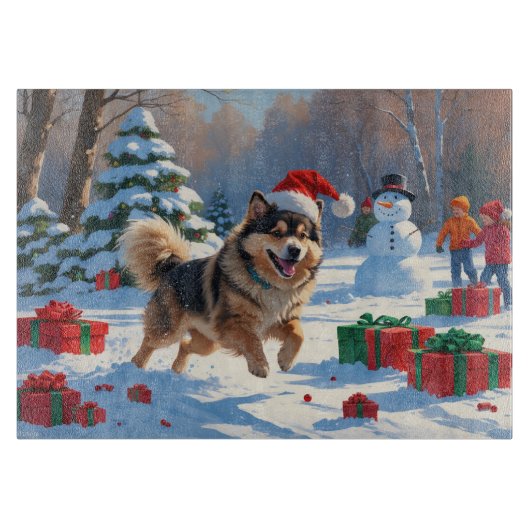Finse Lapphond Rent Sneeuw met Kerstmuts Snijplank (Voorkant)