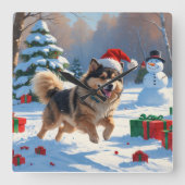 Finse Lapphond Rentier met Kerstmuts Vierkante Klok (Voorkant)