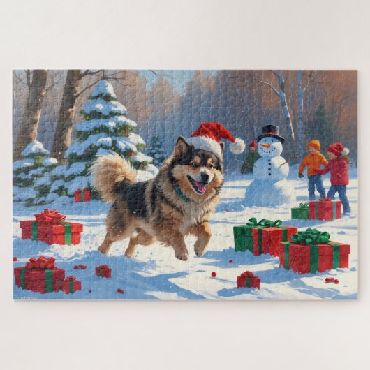 Finse Lapphund Hardloopsneeuw met kerst Pet Legpuzzel (Horizontaal)