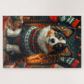 Finse Lapphund Hond Met Kerstcadeau Open haard Legpuzzel (Horizontaal)