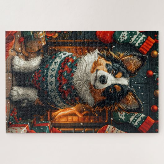 Finse Lapphund Hond Met Kerstcadeau Open haard Legpuzzel (Horizontaal)