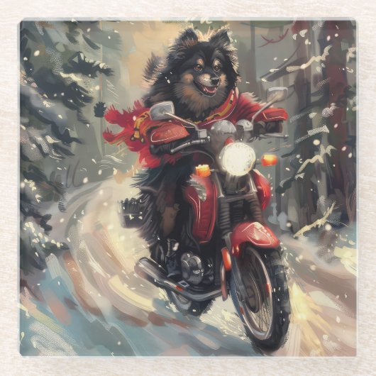 Finse Lapphund Hond Rijden Motorfiets Kerstmis Glazen Onderzetter (Voorkant)
