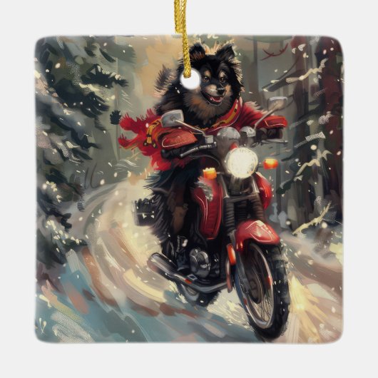 Finse Lapphund Hond Rijden Motorfiets Kerstmis Keramisch Ornament (Voorkant)