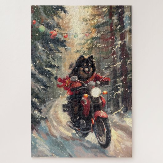 Finse Lapphund Hond Rijden Motorfiets Kerstmis Legpuzzel (Verticaal)