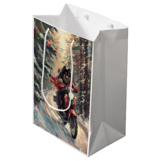 Finse Lapphund Hond Rijden Motorfiets Kerstmis Medium Cadeauzakje (Voorkant Gekanteld)