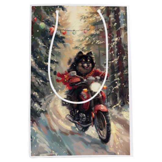 Finse Lapphund Hond Rijden Motorfiets Kerstmis Medium Cadeauzakje (Voorkant)