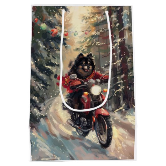 Finse Lapphund Hond Rijden Motorfiets Kerstmis Medium Cadeauzakje (Achterkant)