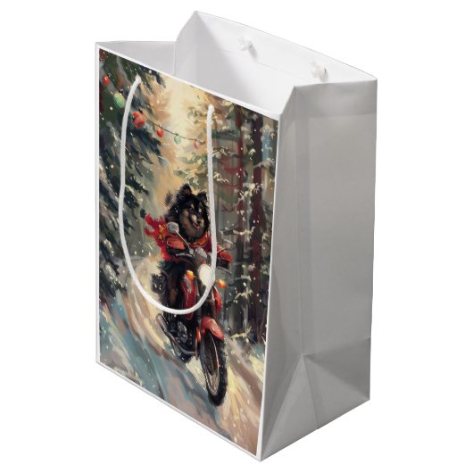 Finse Lapphund Hond Rijden Motorfiets Kerstmis Medium Cadeauzakje (Achterkant Gekanteld)