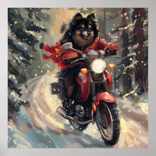 Finse Lapphund Hond Rijden Motorfiets Kerstmis Poster (Voorkant)