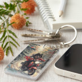 Finse Lapphund Hond Rijden Motorfiets Kerstmis Sleutelhanger (Voorkant Rechts)