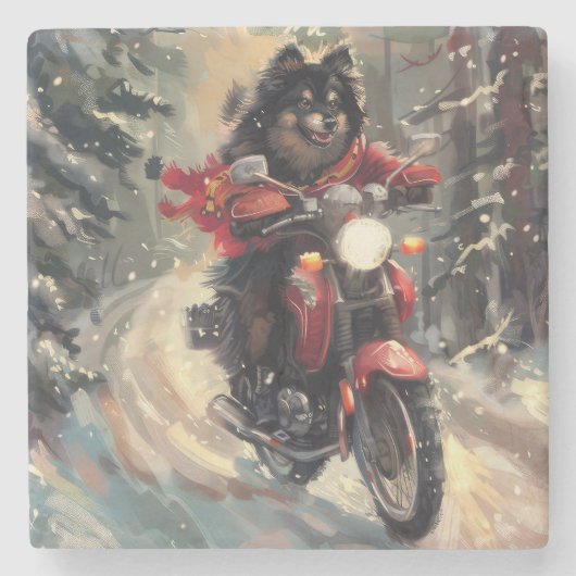 Finse Lapphund Hond Rijden Motorfiets Kerstmis Stenen Onderzetter (Voorkant)