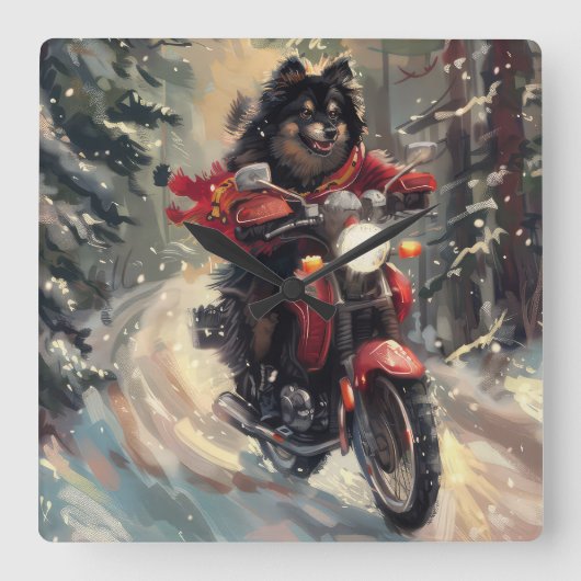 Finse Lapphund Hond Rijden Motorfiets Kerstmis Vierkante Klok (Voorkant)