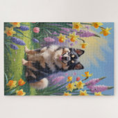 Finse Lapphund Hond Spring Bloemen Schilderen Legpuzzel (Horizontaal)