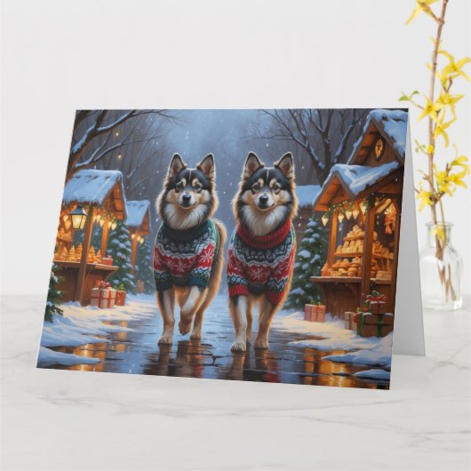 Finse Lapphund Honden Kerstmis Sneeuw Vakantie Kaart (Gele Bloem)