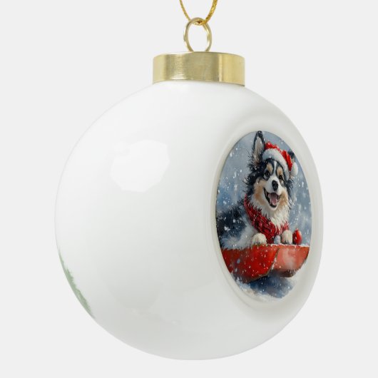 Finse Lapphund in Sledge Laat het Sneeuwkerst Keramische Bal Ornament (Links)