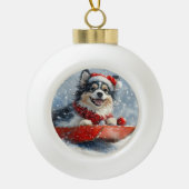 Finse Lapphund in Sledge Laat het Sneeuwkerst Keramische Bal Ornament (Voorkant)