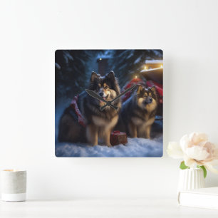 Finse Lapphund Sneeuw Slede Kerst Decoratie Vierkante Klok