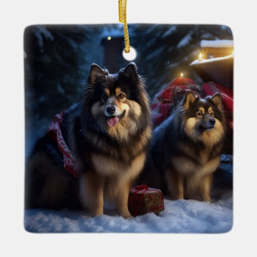Finse Lapphund Sneeuwslee Kerst Decor Keramisch Ornament (Voorkant)