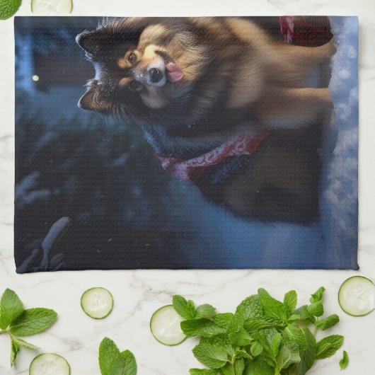 Finse Lapphund Sneeuwslee Kerst Decor Theedoek (Gevouwen)