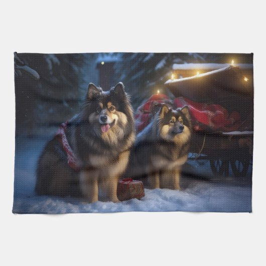 Finse Lapphund Sneeuwslee Kerst Decor Theedoek (Horizontaal)