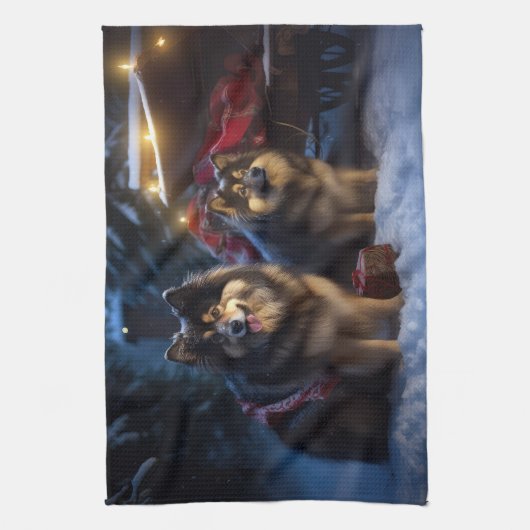 Finse Lapphund Sneeuwslee Kerst Decor Theedoek (Verticaal)