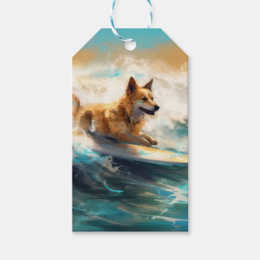Finse Lapphund strand surfen schilderij Cadeaulabel (Voorkant)