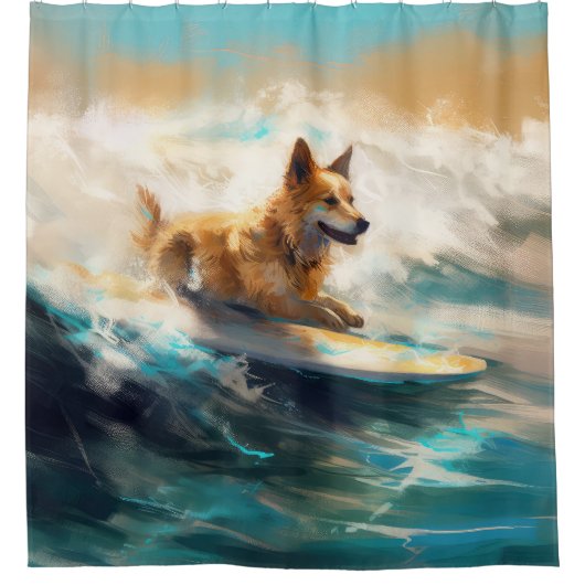 Finse Lapphund strand surfen schilderij Douchegordijn (Voorkant)