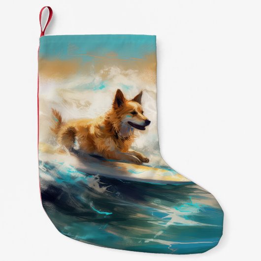 Finse Lapphund strand surfen schilderij Kleine Kerstsok (Voorkant)