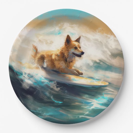 Finse Lapphund strand surfen schilderij Papieren Bordje (Voorkant)