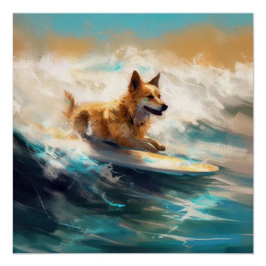 Finse Lapphund strand surfen schilderij Perfect Poster (Voorkant)