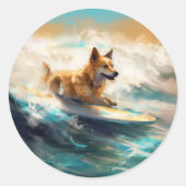 Finse Lapphund strand surfen schilderij Ronde Sticker (Voorkant)