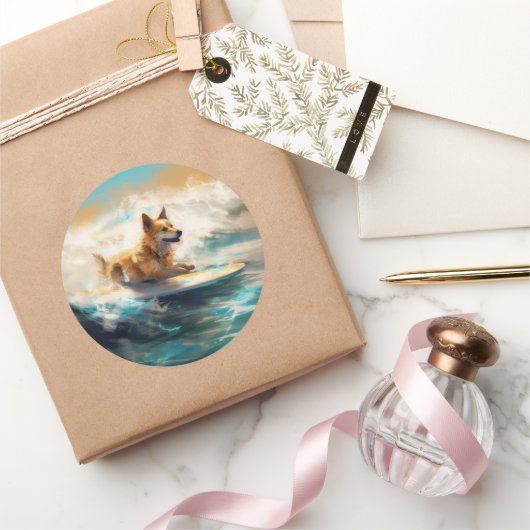 Finse Lapphund strand surfen schilderij Ronde Sticker (Geschenken)